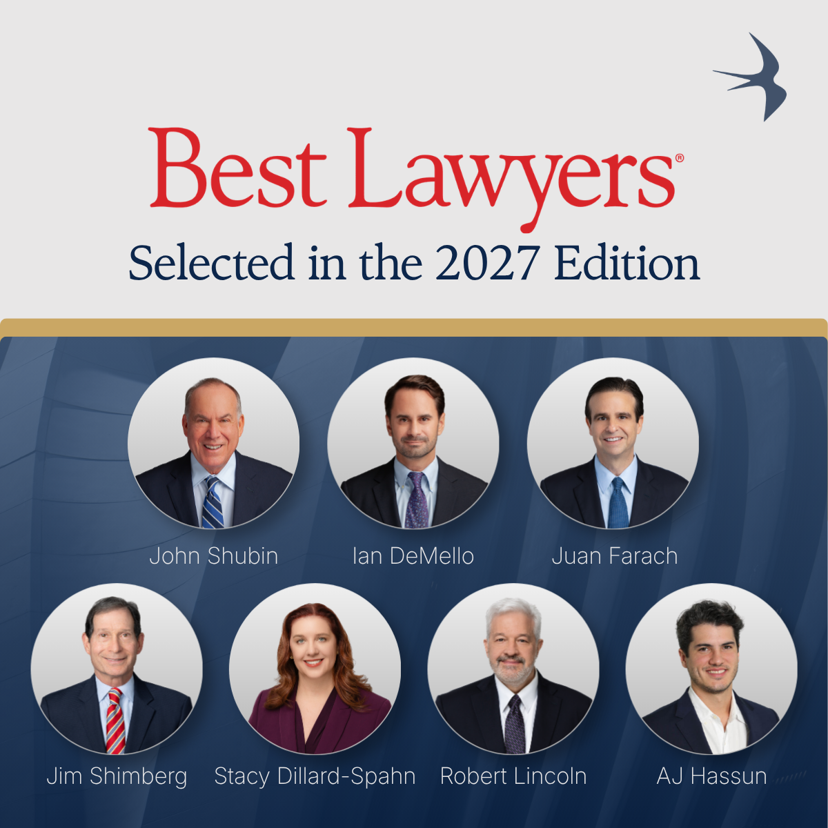 Seven Shubin Law Group attorneys have been selected for inclusion in the 2027 edition of The Best Lawyers in America® and Best Lawyers: Ones to Watch in America